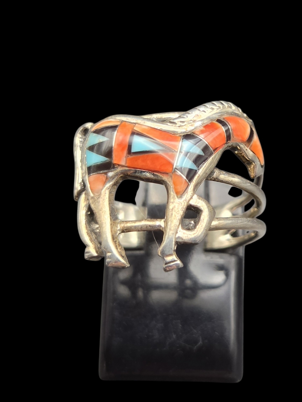 Sterling Silver Horse Inlay Ring with Orange Spiny, Onyx, and Turquoise 7